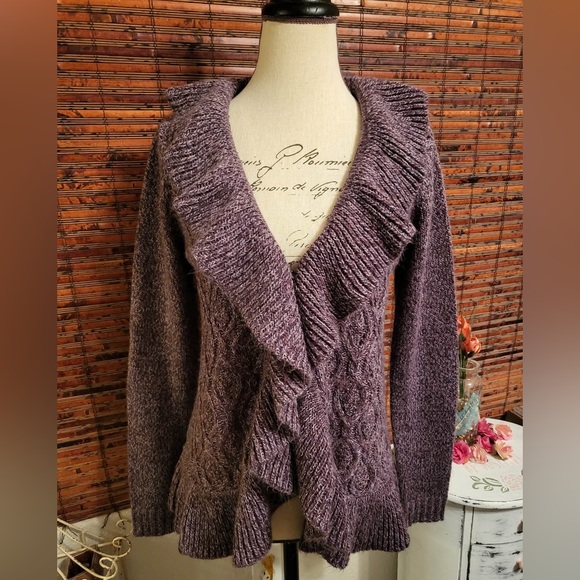 Karen Scott Sweaters - Karen Scott Purple Ruffled Cardigan